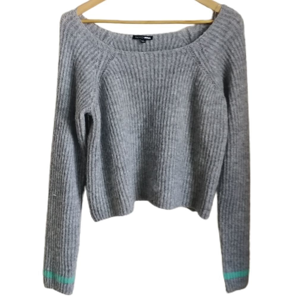 FASHION NOVA Grey & Turquoise Stripes Chunky Knit Cropped Sweater Large